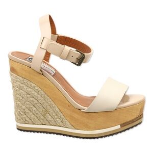 LANVIN TWO-TONE LEATHER ANKLE-STRAP WOOD ESPADRILLE WEDGE SANDAL